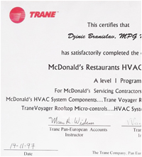 Trane McDonald's sertifikat